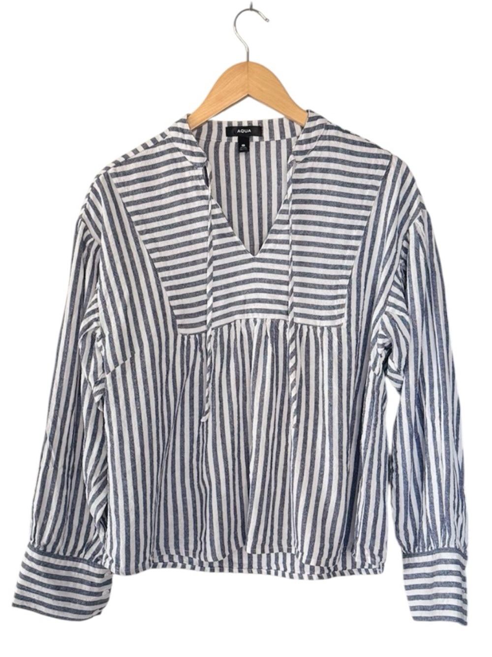 Aqua Blue & White Striped V-Neck Peasant Blouse Size S Linen Blend - Picture 2 of 6